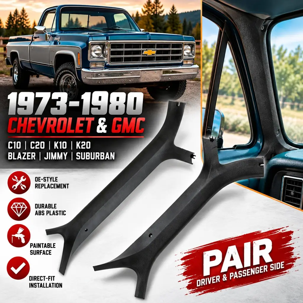 1973-1980 Chevy GMC C10 C20 K10 K20 Blazer Jimmy Suburban Inner Windshield Pillar Trim Moldings Black Pair image 2