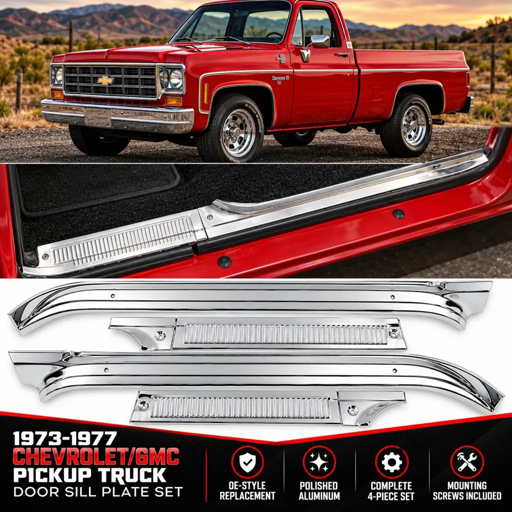 1973-1977 Chevy GMC C10 C20 K10 K20 Pickup Truck Door Sill Plates Polished Aluminum 4 Piece Set image 2