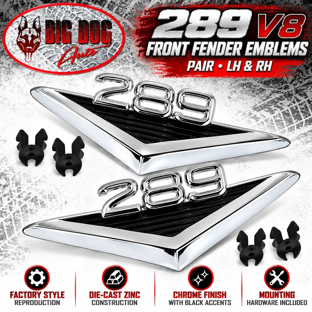 1963-1968 Ford Mustang Bronco Fairlane Falcon Ranchero 289 V8 Fender Emblems – Chrome & Black – Pair LH RH image 2