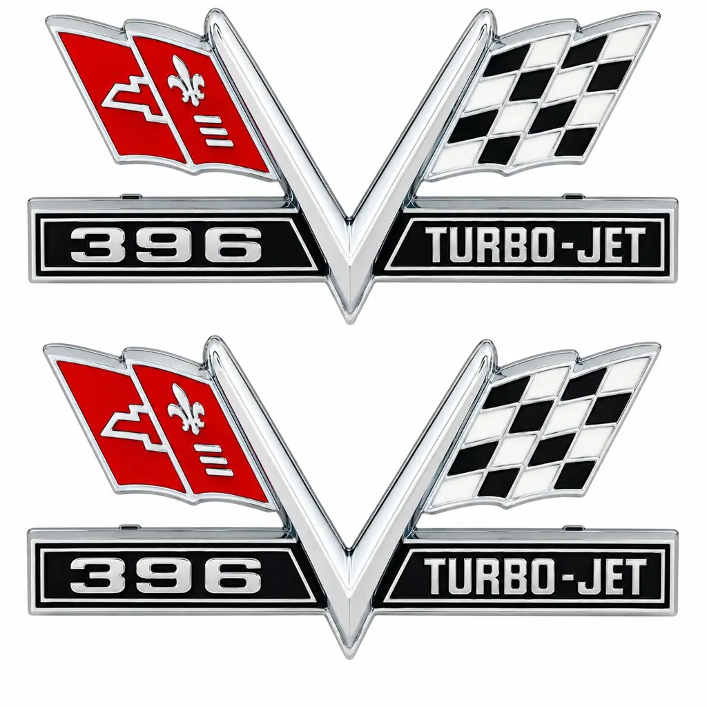 1965-1967 Chevy Impala Camaro Chevelle 396 Turbo Jet V Flag Front Fender Emblems - Pair