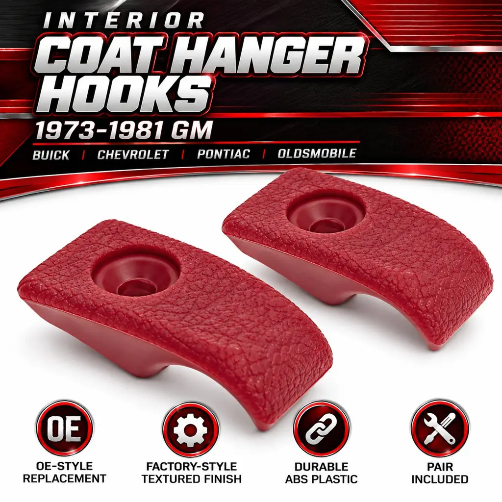 1973-1981 Buick Chevrolet Pontiac Oldsmobile Interior Coat Hanger Hooks – Red – Pair image 2