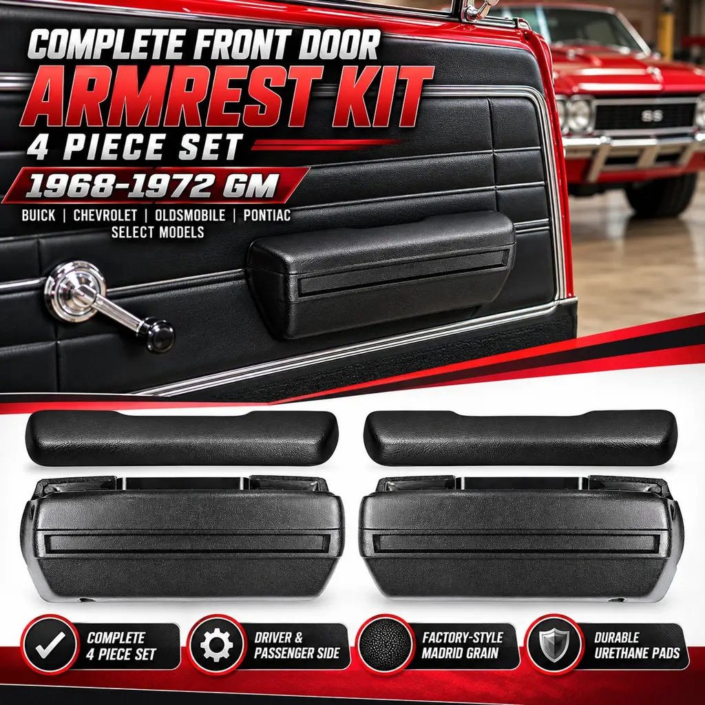 1968-1972 GM Front Door Armrest Pad & Base Kit – Black – 4 Piece – LH RH – Camaro Firebird GTO Chevelle & More image 2