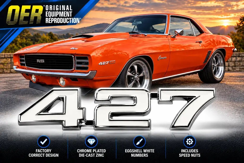 1969 Chevy Camaro Nova Impala Caprice Bel Air Biscayne 427 Fender Emblem – Chrome image 2