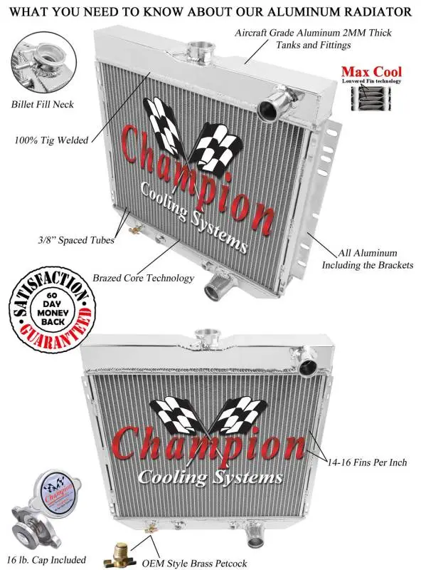 Champion Two Row Aluminum Radiator for 1963 to 1970 Ford Mustang, Cougar, Fairlane EC340 thumbnail 3