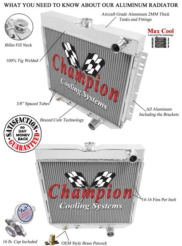 Champion Three Row Aluminum Radiator for 1963 to 1970 Ford Mustang, Cougar, Fairlane CC340 thumbnail 3