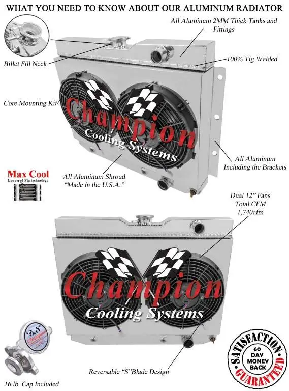 Champion Four Row Aluminum Radiator Combo for 1960-1965 GM Chevy Chevelle El Camino Impala Bel Air Biscayne FSMC281Combo thumbnail 2