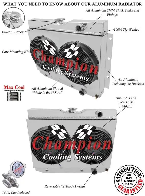 Champion Three Row Aluminum Radiator Combo for 1960-1965 GM Chevy Chevelle El Camino Impala Bel Air Biscayne FSCC281Combo thumbnail 2