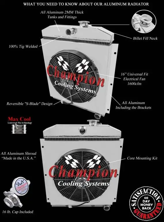 Champion Four Row Aluminum Radiator Combo for 1947 - 1954 Chevy C/K Pick up, Suburban FSMC5100COMBO thumbnail 2