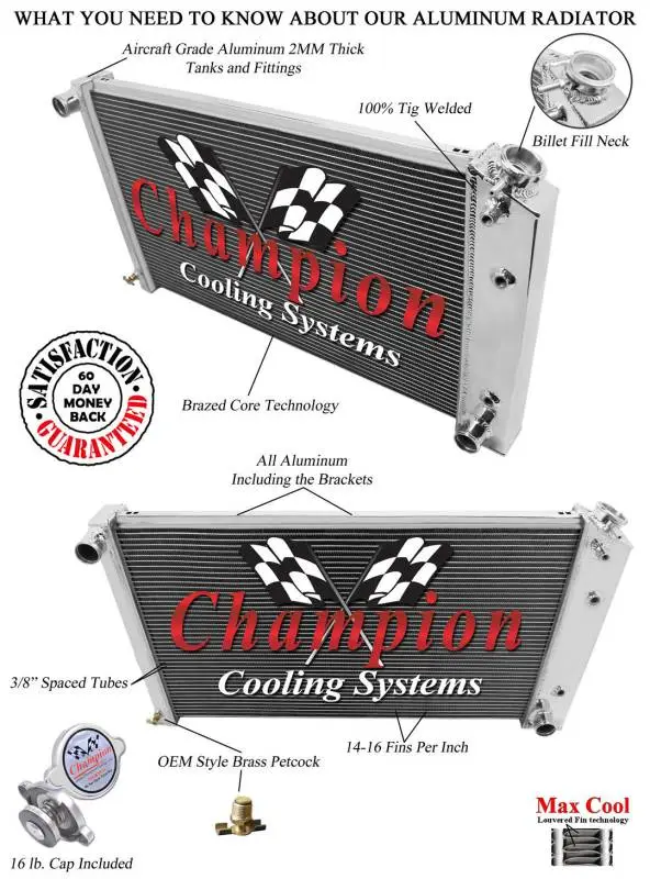 Champion Cooling Two Row All Aluminum Radiator 75-87 GM Cadillac Chevy Buick Pontiac Olds EC162 thumbnail 3