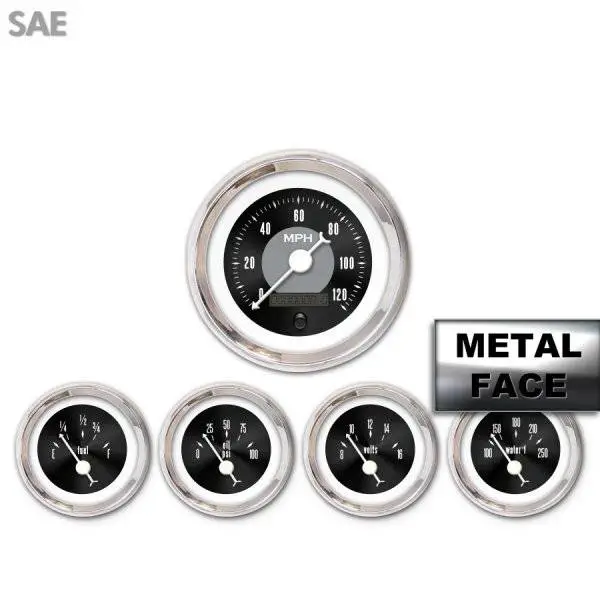 Assembled 5 Gauge Set - American Classic ~ Black Face, White Classic Needles, Chrome Bezels