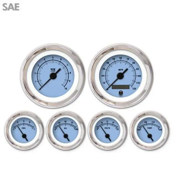 6 Gauge Set - SAE Rider Blue , Black Vintage Needles, Chrome Trim Rings ~ Style Kit Installed