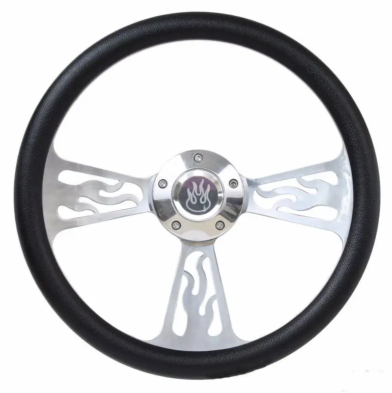 14" Polished Billet Flamed Steering Wheel w/Your Choice of Horn and Half-Wrap thumbnail 2