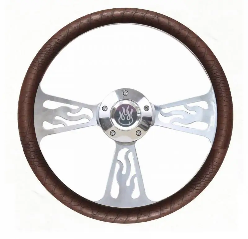 14" Polished Billet Flamed Steering Wheel w/Your Choice of Horn and Half-Wrap thumbnail 3