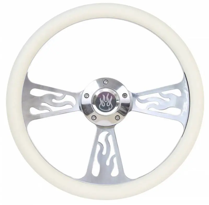 14" Polished Billet Flamed Steering Wheel w/Your Choice of Horn and Half-Wrap thumbnail 5
