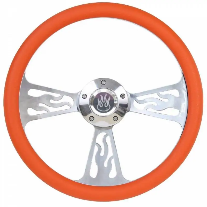 14" Polished Billet Flamed Steering Wheel w/Your Choice of Horn and Half-Wrap thumbnail 6