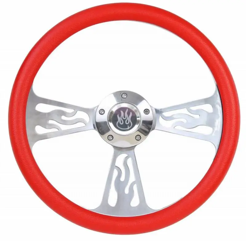14" Polished Billet Flamed Steering Wheel w/Your Choice of Horn and Half-Wrap thumbnail 7