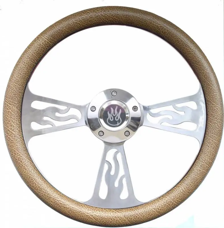 14" Polished Billet Flamed Steering Wheel w/Your Choice of Horn and Half-Wrap thumbnail 9