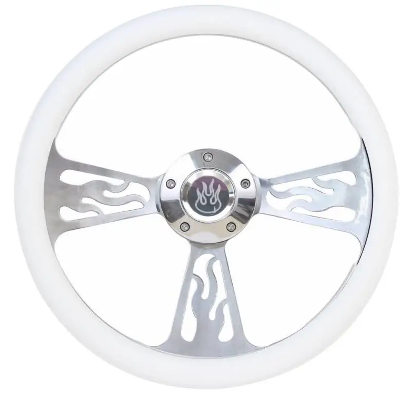 14" Polished Billet Flamed Steering Wheel w/Your Choice of Horn and Half-Wrap thumbnail 10