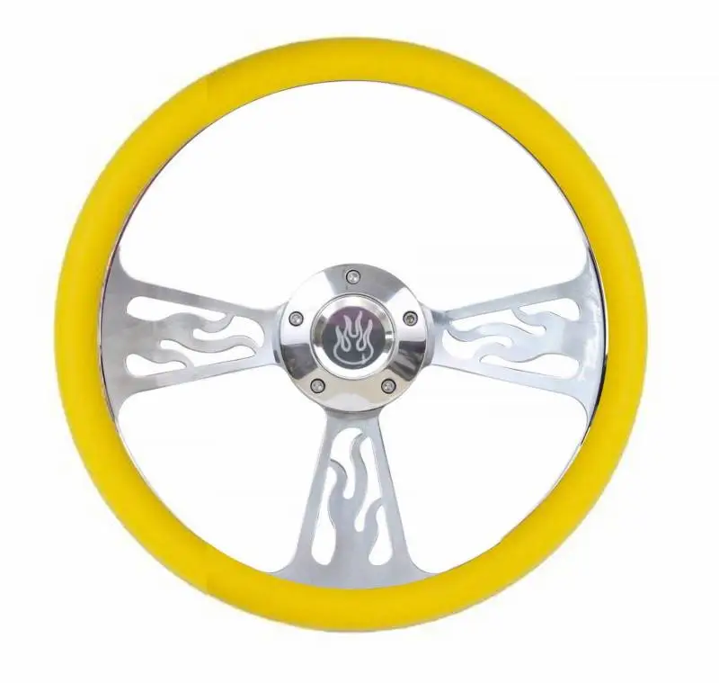 14" Polished Billet Flamed Steering Wheel w/Your Choice of Horn and Half-Wrap thumbnail 11