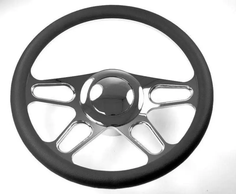 Hot Rod Four Spoke Chrome & Black Leather Steering Wheel for Chevy, GM Column 