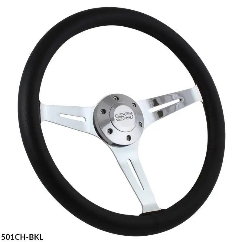 15" Black Leather & Chrome Steering Wheel - Aviator Style - Full Install Kit thumbnail 4