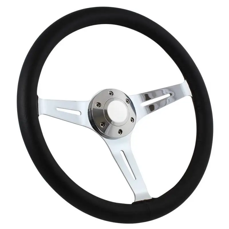 15" Black Leather & Chrome Steering Wheel - Aviator Style - Full Install Kit thumbnail 5