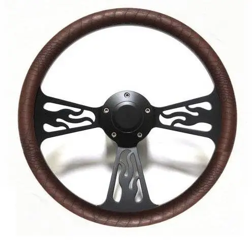 14" Black Billet Flamed Steering Wheel w/Your Choice of Horn and Half-Wrap thumbnail 7