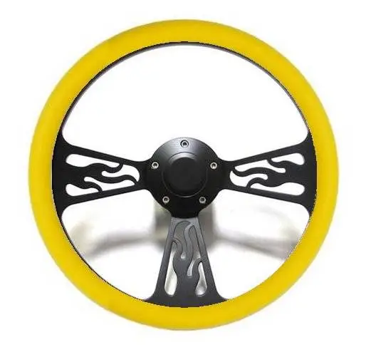 14" Black Billet Flamed Steering Wheel w/Your Choice of Horn and Half-Wrap thumbnail 15