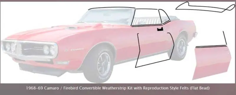 *R5103 - 1968 - 69 Camaro / Firebird Convertible Weatherstrip Kit with Reproduction Windowfelts (flat chrome bead)