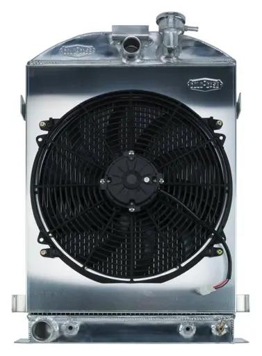 1932 Highboy Ford Engine 27 Inch Aluminum Performance Radiator And 16 Inch Fan Kit Cold Case Radiators