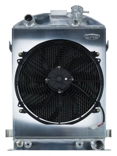 1932 Highboy Chevy Engine 27 Inch Aluminum Performance Radiator And 16 Inch Fan Kit Cold Case Radiators