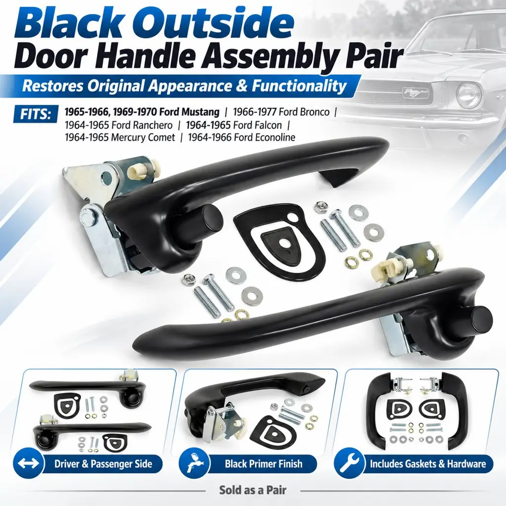 Black Outside Door Handle Assembly Pair LH RH – 1964-1977 Ford Mustang Bronco Falcon Ranchero Econoline Mercury Comet thumbnail 2