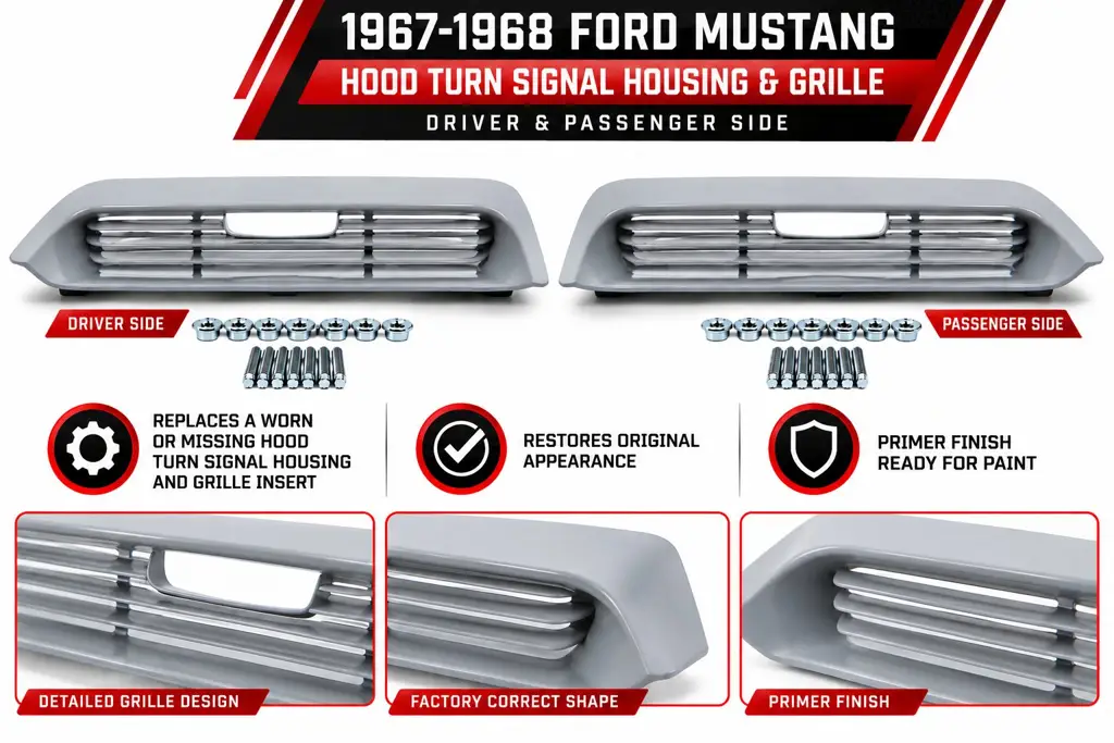 1967-1968 Ford Mustang Hood Turn Signal Housings & Grille Inserts - LH & RH Pair thumbnail 3