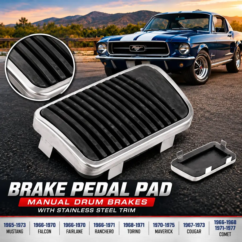 WSM 6.0 Optimized Product Title:  1965-1977 Ford Mustang Torino Ranchero Falcon Fairlane Maverick Mercury Cougar Comet Manual Drum Brake Pedal Pad with Stainless Steel Trim image 2