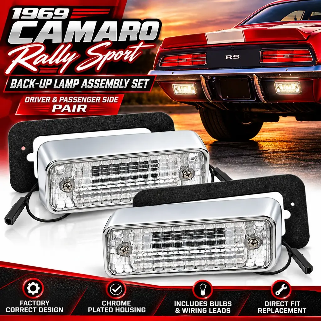 1969 Chevrolet Camaro Rally Sport RS Back-Up Light Lamp Assembly Set – Chrome – Pair LH RH image 2