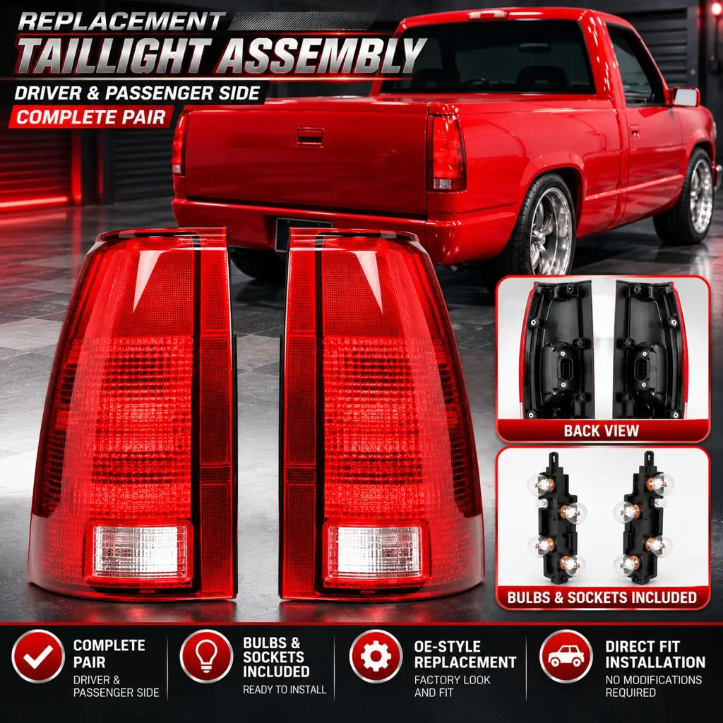 1988-2002 Chevy GMC C/K Pickup Tahoe Yukon Tail Light Assembly Pair w/Bulbs Sockets image 2